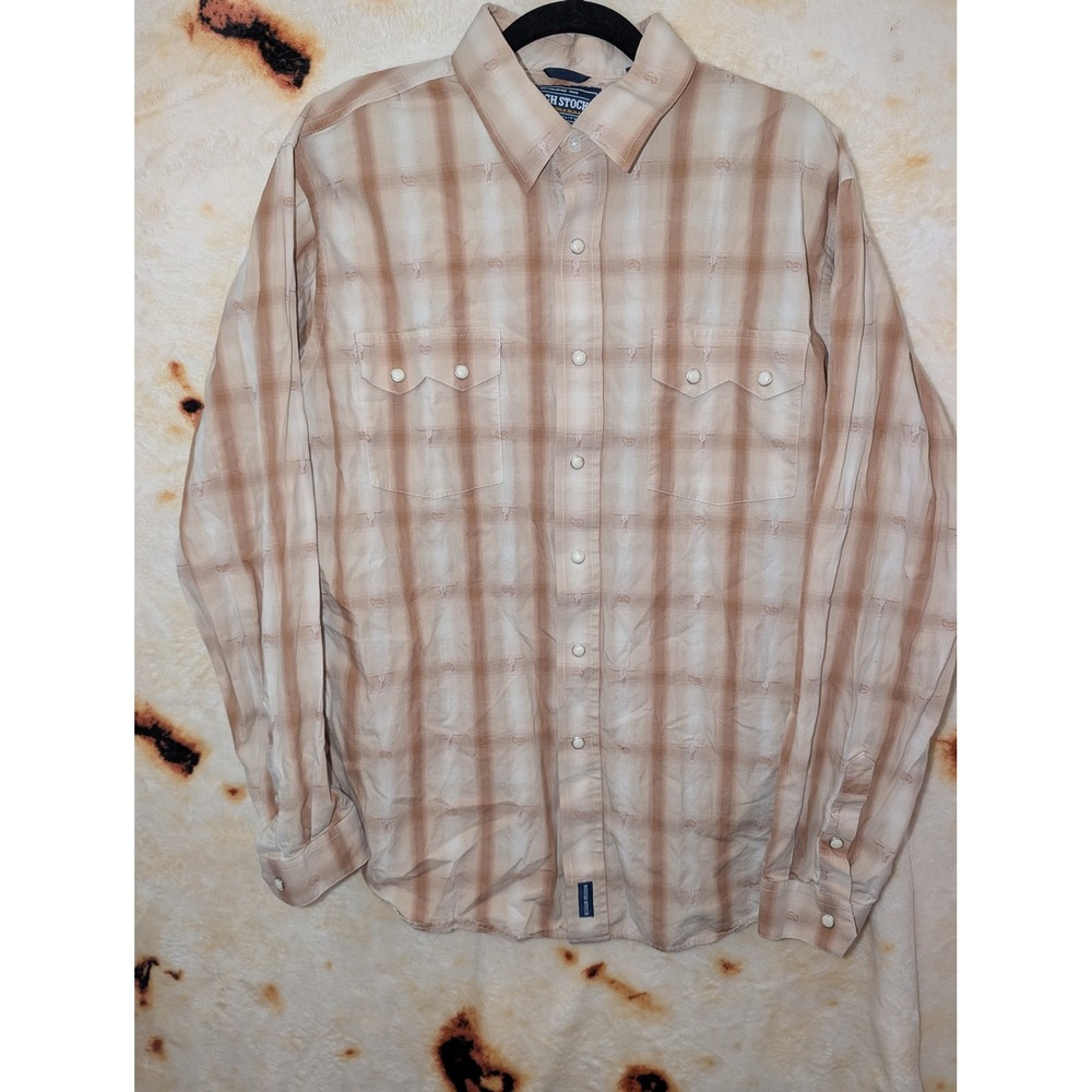 Rough Stock Western Shirt Mens L Tan Plaid Longhorn Snap Button Panhandle Slim